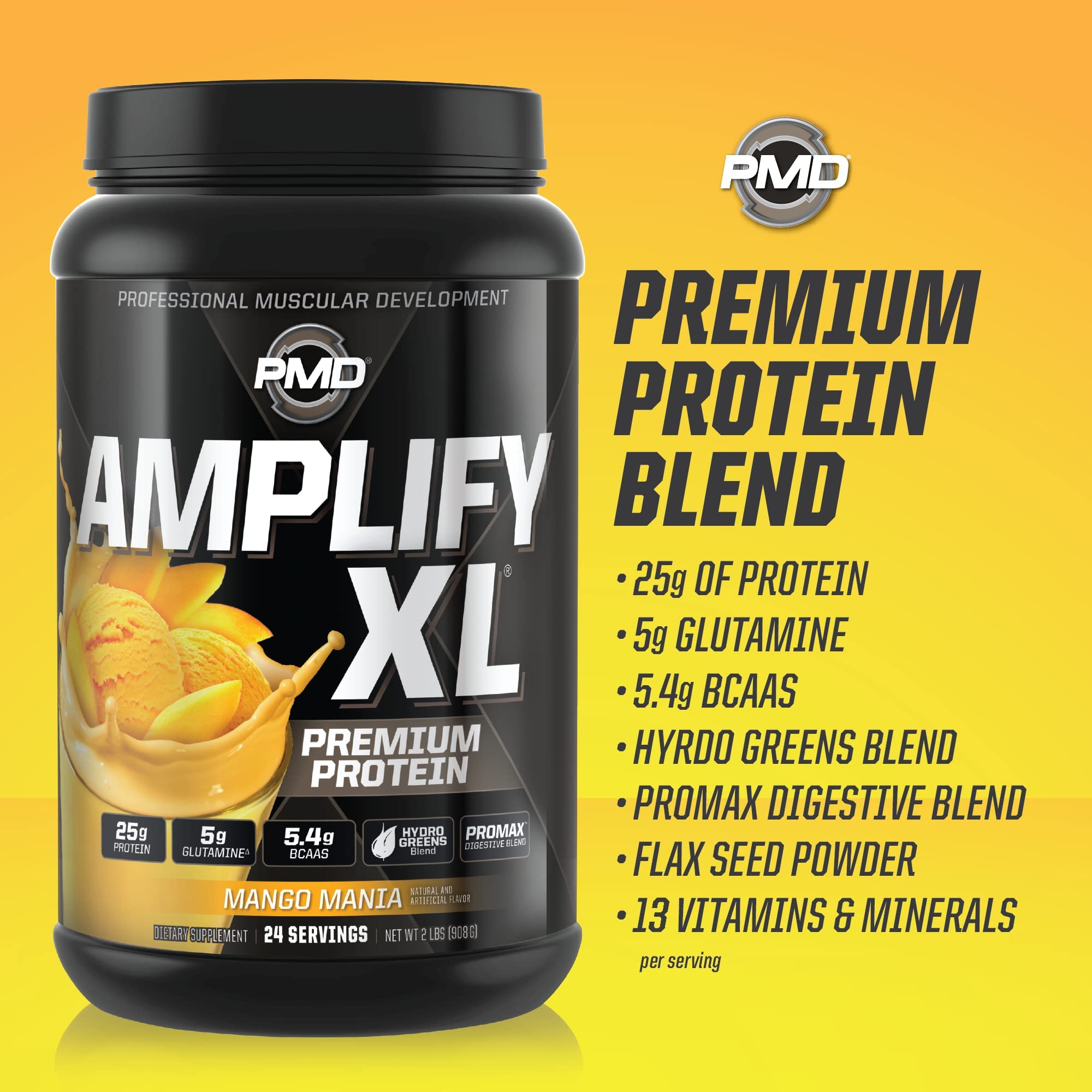 PMD Sports Amplify XL Mango Mania digestive enzymes support gentle digestion with the protein blend.