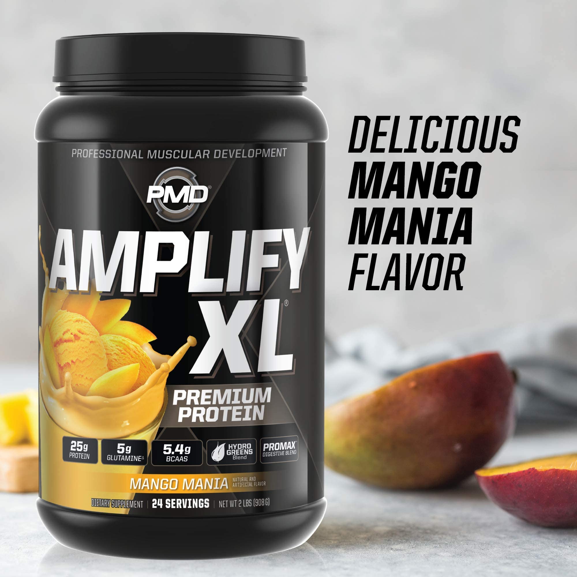 PMD Sports Amplify XL Mango Mania label highlights ingredients and nutrition details.
