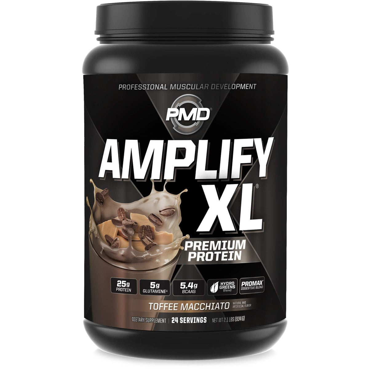 PMD Sports Amplify XL tub front view showing premium whey blend for post-workout support