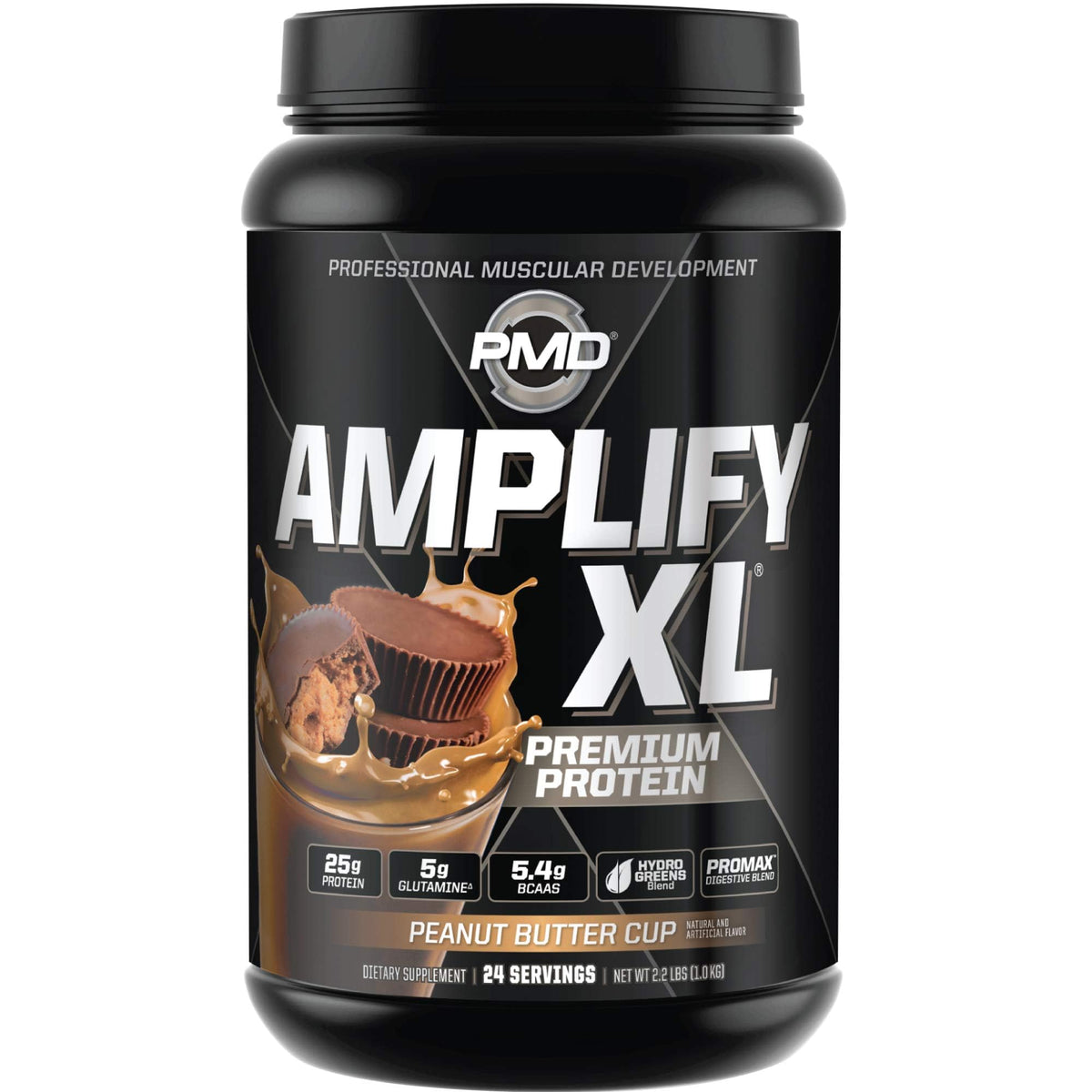 PMD Amplify XL tub front view shows premium whey protein for post-workout support
