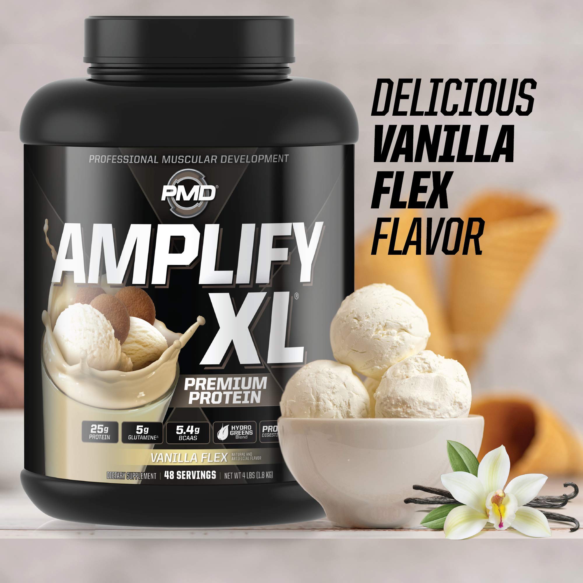 PMD Amplify XL label emphasizes amino acids and digestive enzyme support.