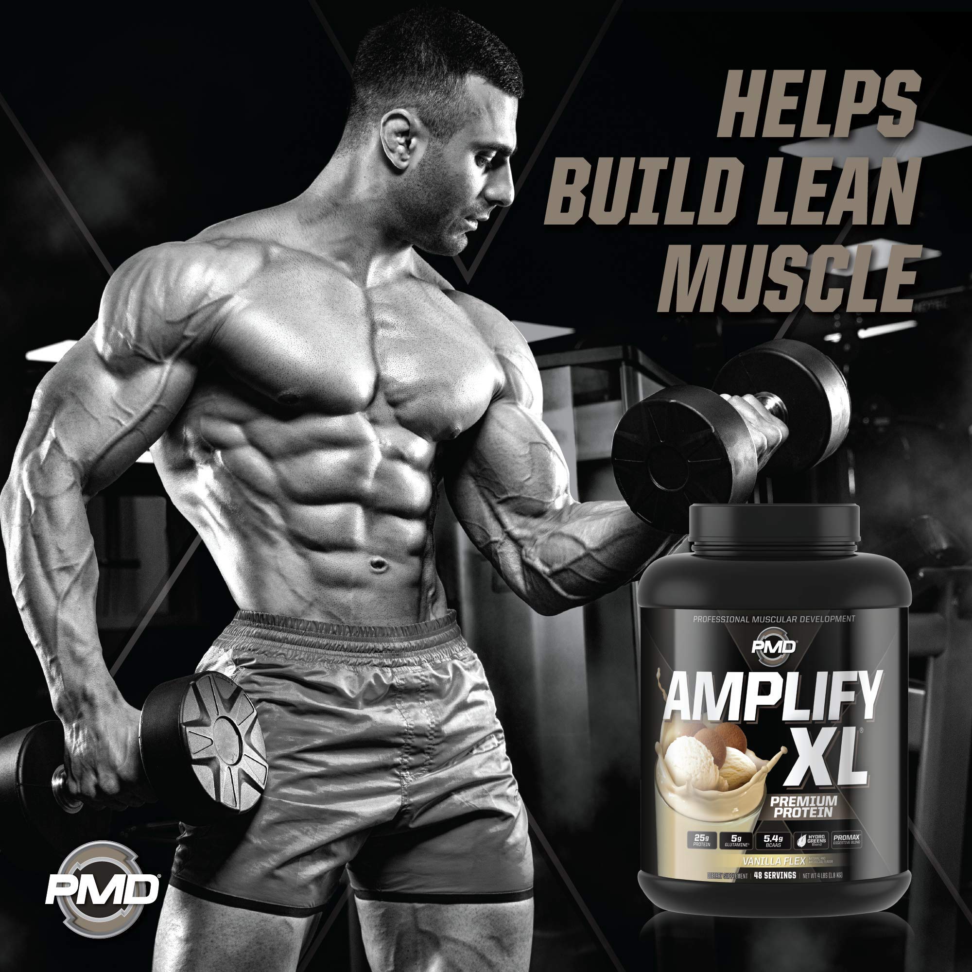 PMD Amplify XL vanilla flex pour demonstrates quick and slow releasing whey for muscles.