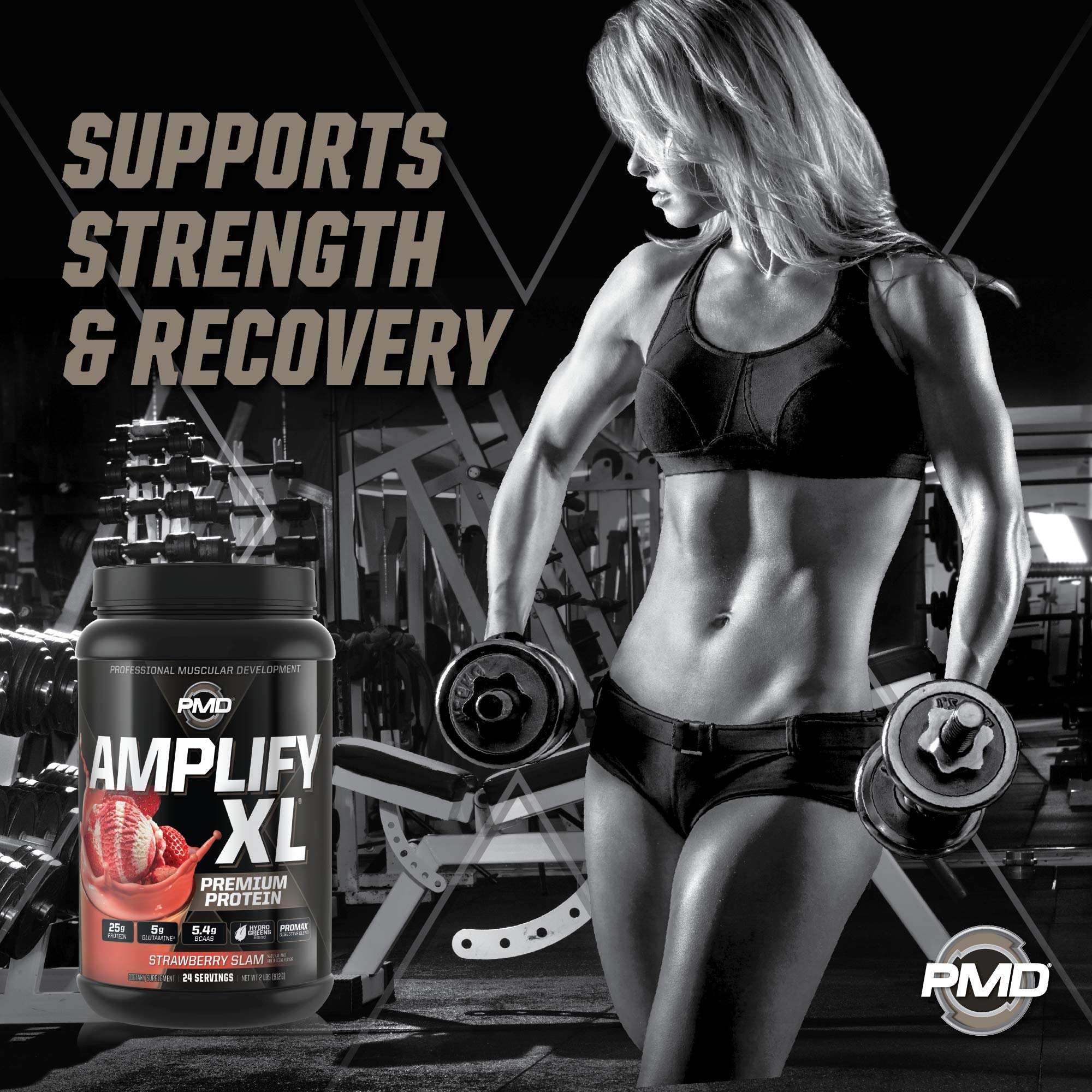 PMD Amplify XL whey protein concentrate powder close-up for fast-absorbing protein.