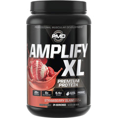 PMD Amplify XL whey protein bottle with Strawberry Slam flavor for post-workout recovery.