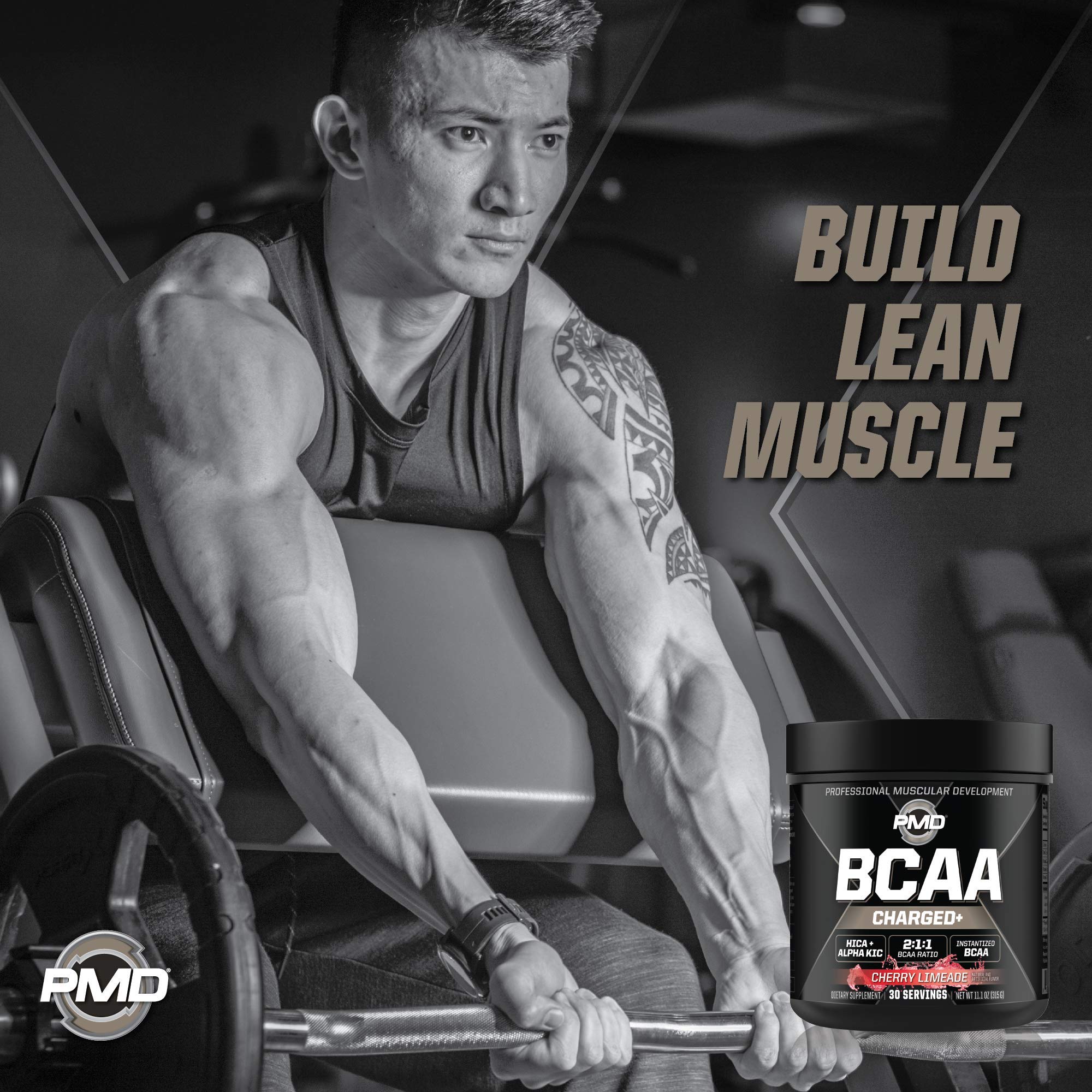 PMD Sports BCAA Cherry Limeade ingredient icons highlight BCAA and caffeine benefits