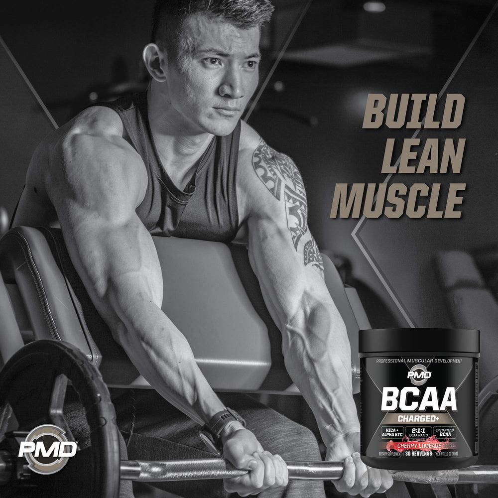 PMD Sports BCAA Cherry Limeade ingredient icons highlight BCAA and caffeine benefits