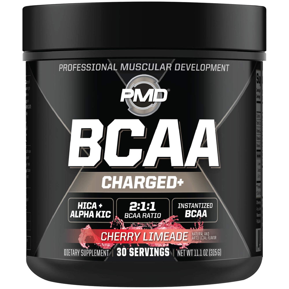 PMD Sports BCAA Cherry Limeade powder tub front supports lean muscle during training