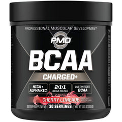PMD Sports BCAA Cherry Limeade powder tub front supports lean muscle during training