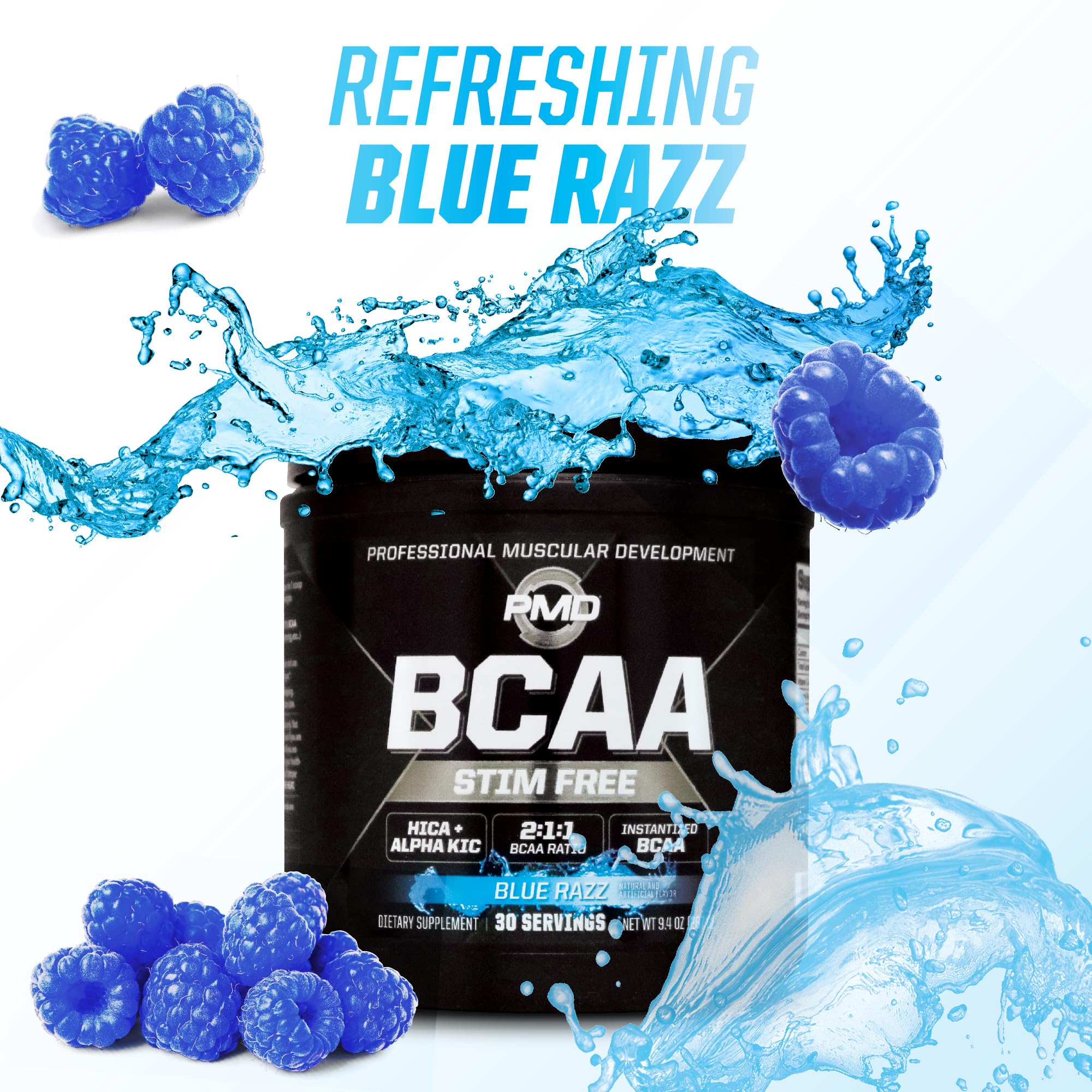 PMD Sports BCAA Blue Razz dumbbell near tub after training