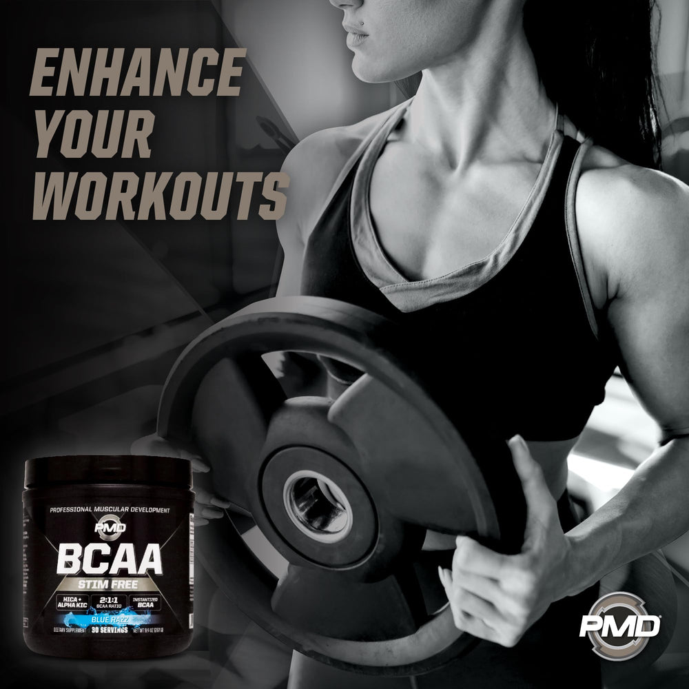 PMD BCAA Blue Razz label close-up with product details and benefits