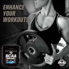 PMD BCAA Blue Razz label close-up with product details and benefits