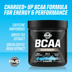PMD BCAA Charged canister with vibrant blue flavor label