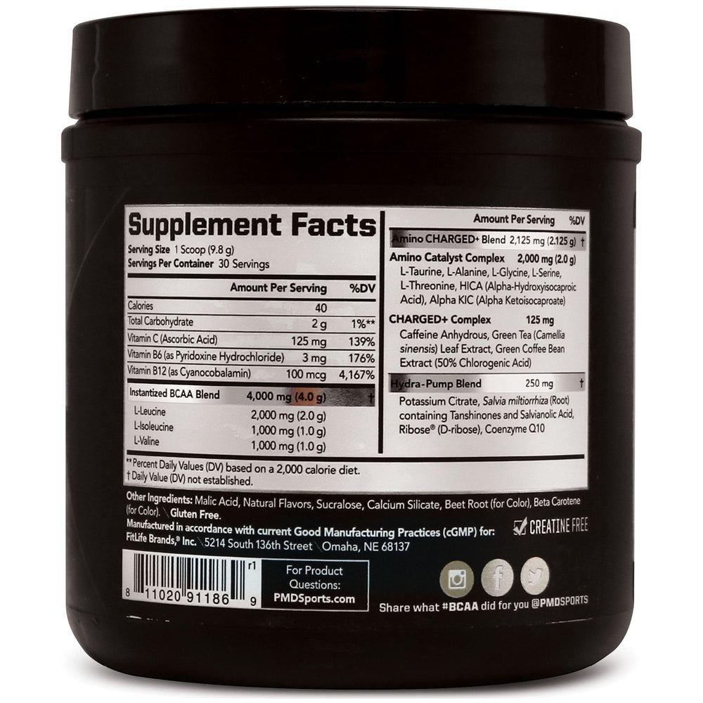 PMD BCAA Charged scoop with fruits highlighting tasty flavor and easy daily use