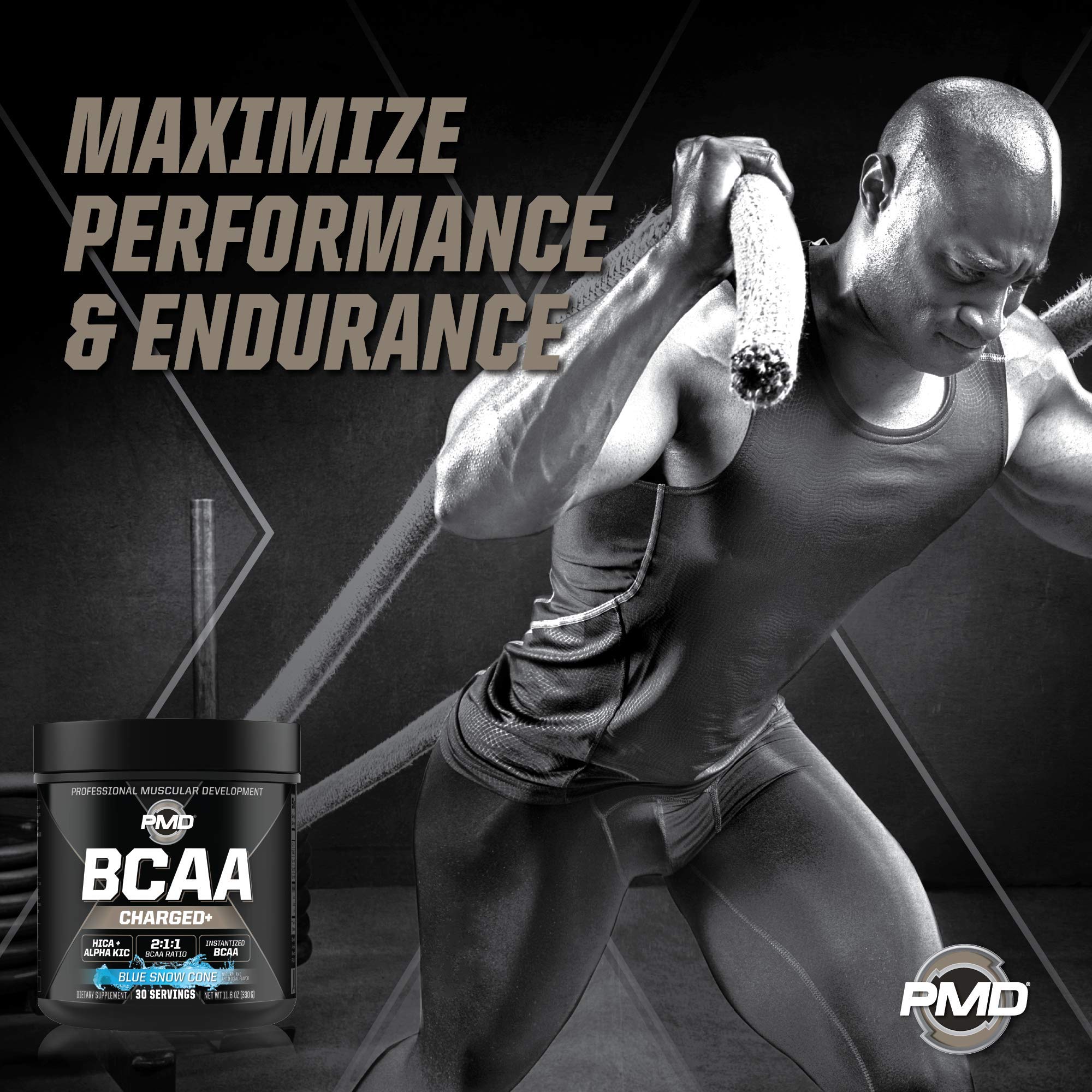PMD BCAA Charged blue Snow Cone shake mixed in glass ready to drink