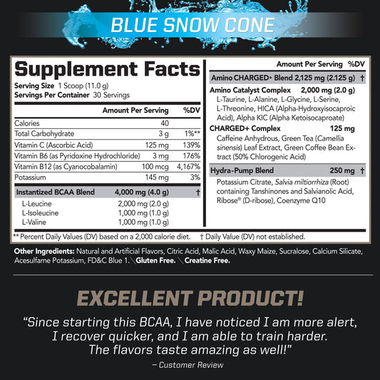 PMD BCAA Charged powder scoop dissolving quickly for smooth recovery drink