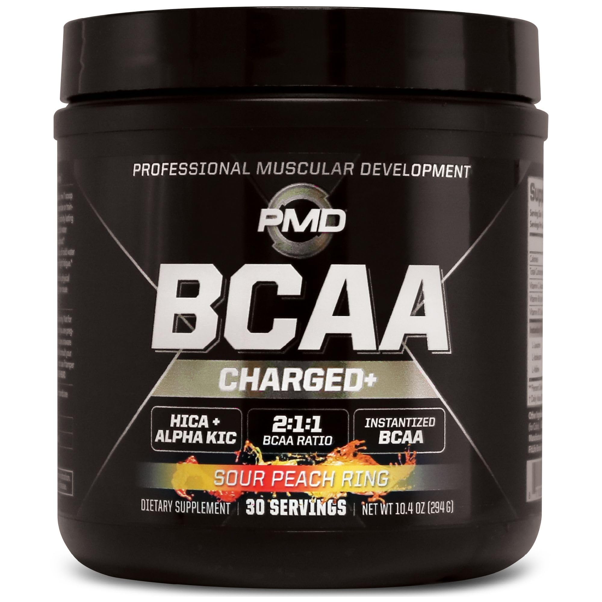 PMD Sports BCAA Charged Sour Peach Ring powder tub ready to mix for workout flavor