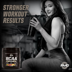 PMD BCAA Charged bottle beside water for pre-workout energy and focus