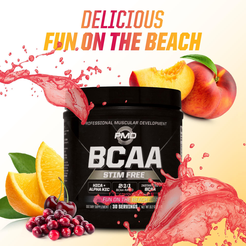PMD BCAA formula close-up highlighting HICA and Alpha KIC for muscle support