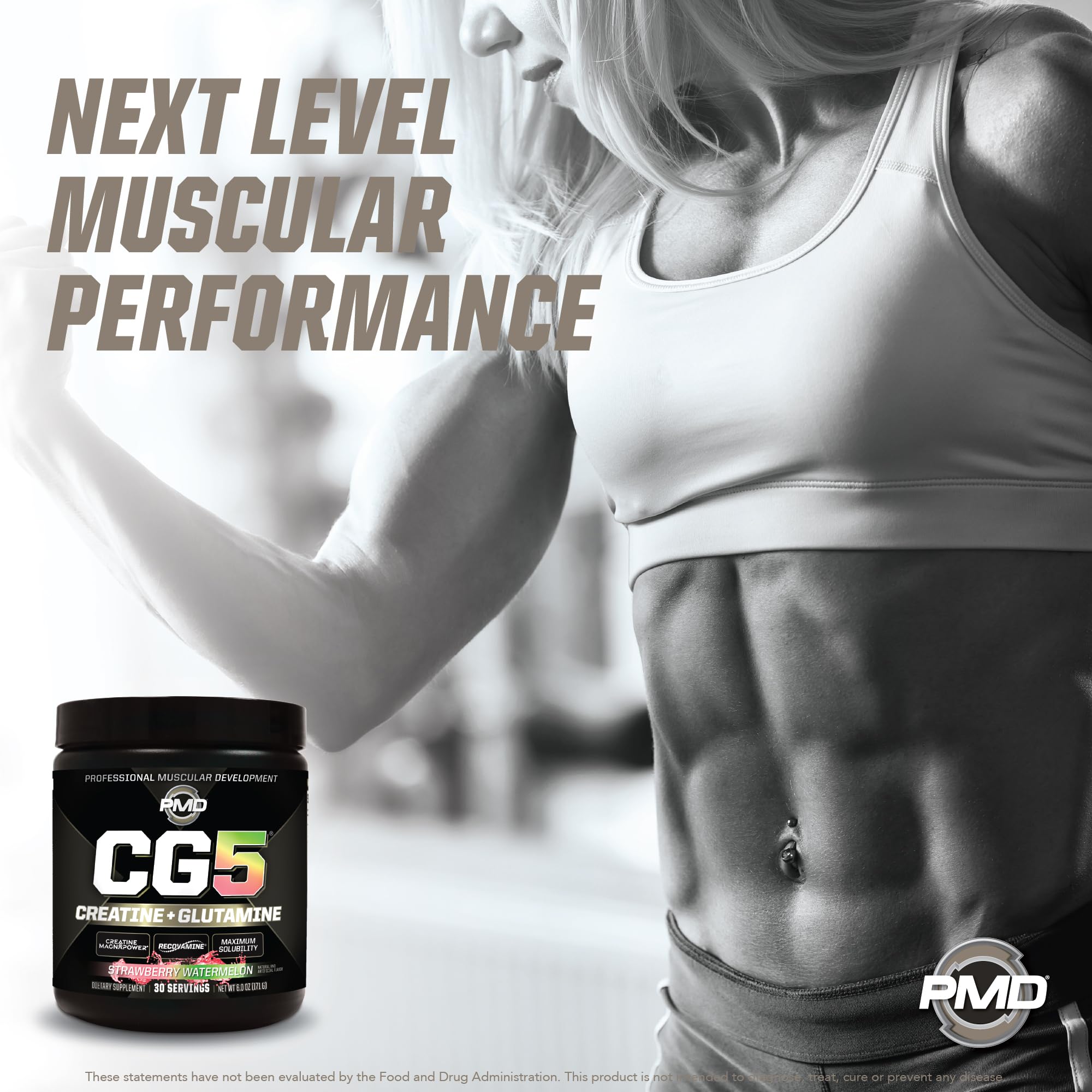 PMD Sports CG5 bottle beside gym shaker on a bench