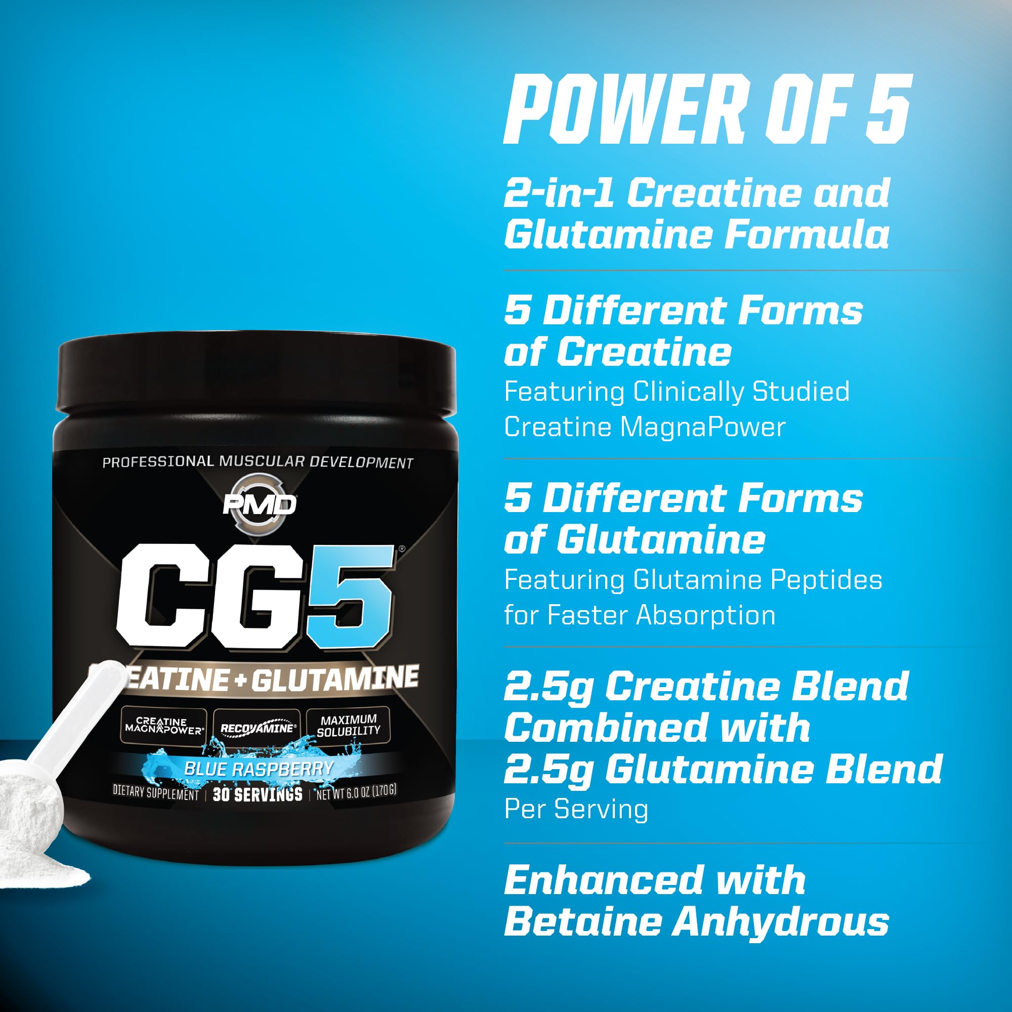 PMD CG5 label highlights MagnaPower creatine and multi glutamine blend