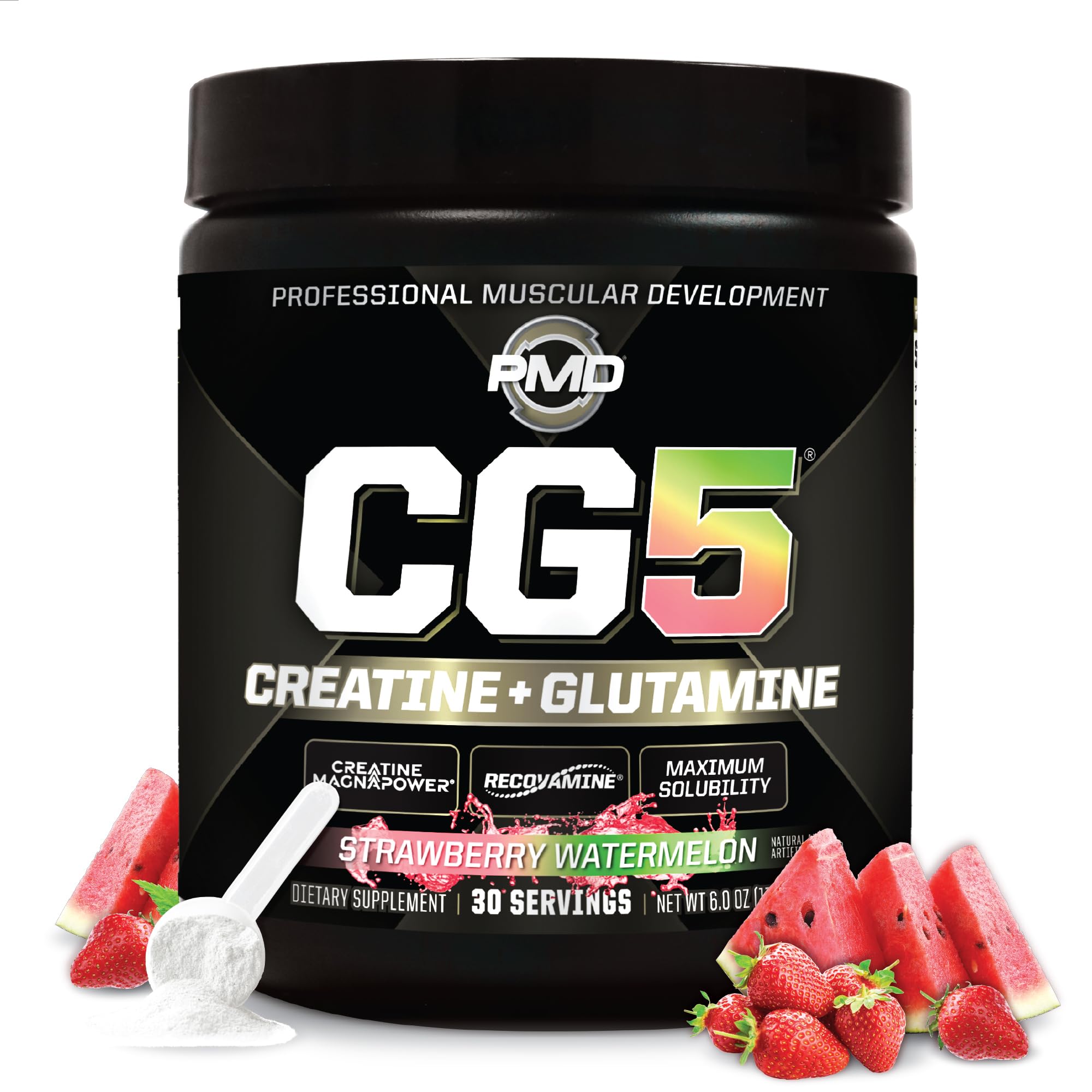 PMD Sports CG5 powder bottle front showing premium creatine-glutamine blend for workouts