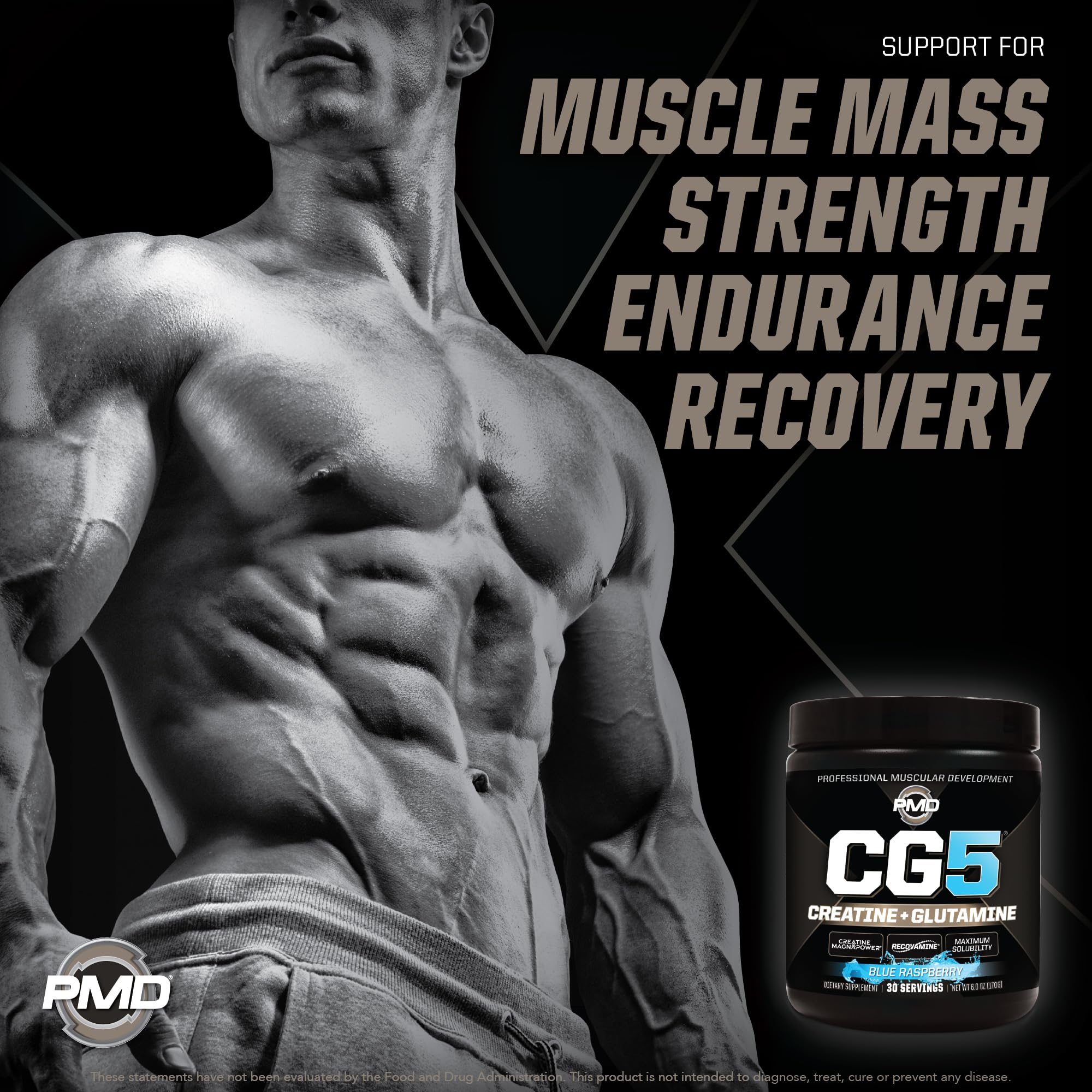 PMD Sports CG5 powder jar close-up shows blue raspberry flavor and texture