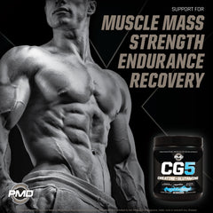 PMD Sports CG5 powder jar close-up shows blue raspberry flavor and texture