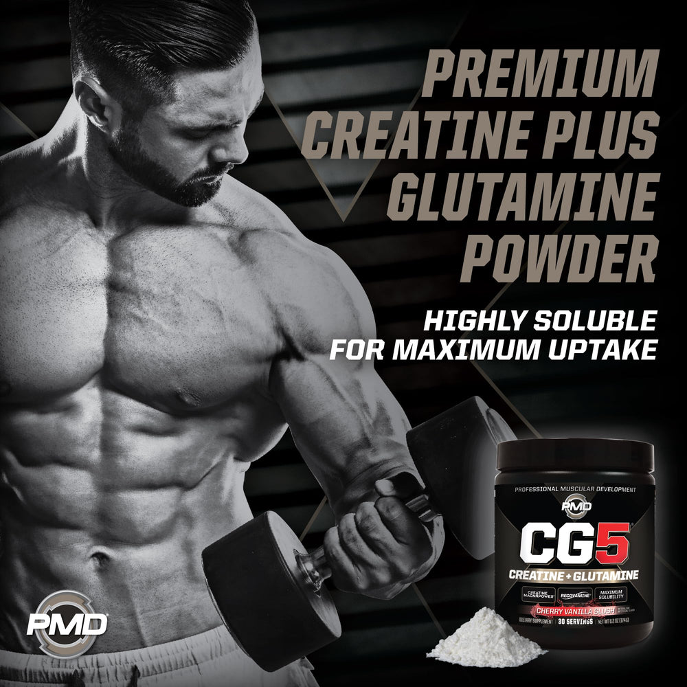 PMD Sports CG5 pre-post workout setup with glass and scoop