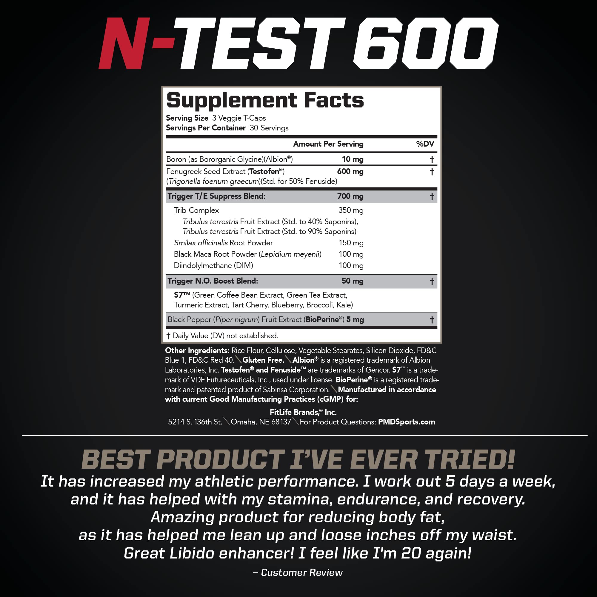 PMD N-Test 600 serving with capsules and dosage reminder.