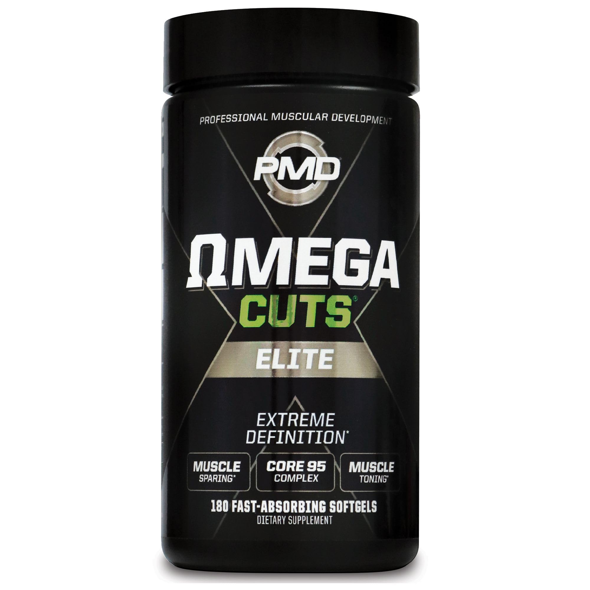 PMD Sports Omega Cuts Elite bottle front view highlighting Core 95 CLA for lean definition