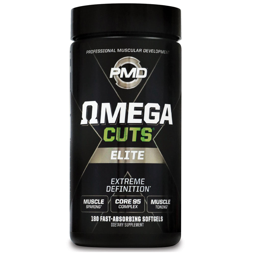PMD Sports Omega Cuts Elite bottle front view highlighting Core 95 CLA for lean definition