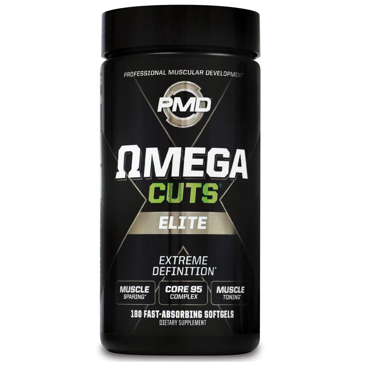 PMD Sports Omega Cuts Elite bottle front view highlighting Core 95 CLA for lean definition