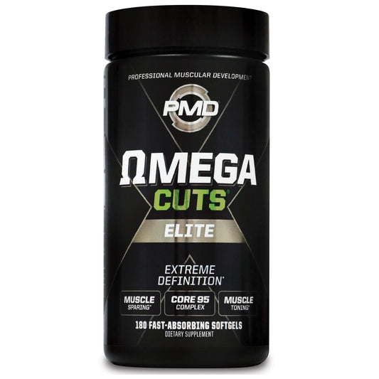 PMD Sports Omega Cuts Elite bottle front view highlighting Core 95 CLA for lean definition