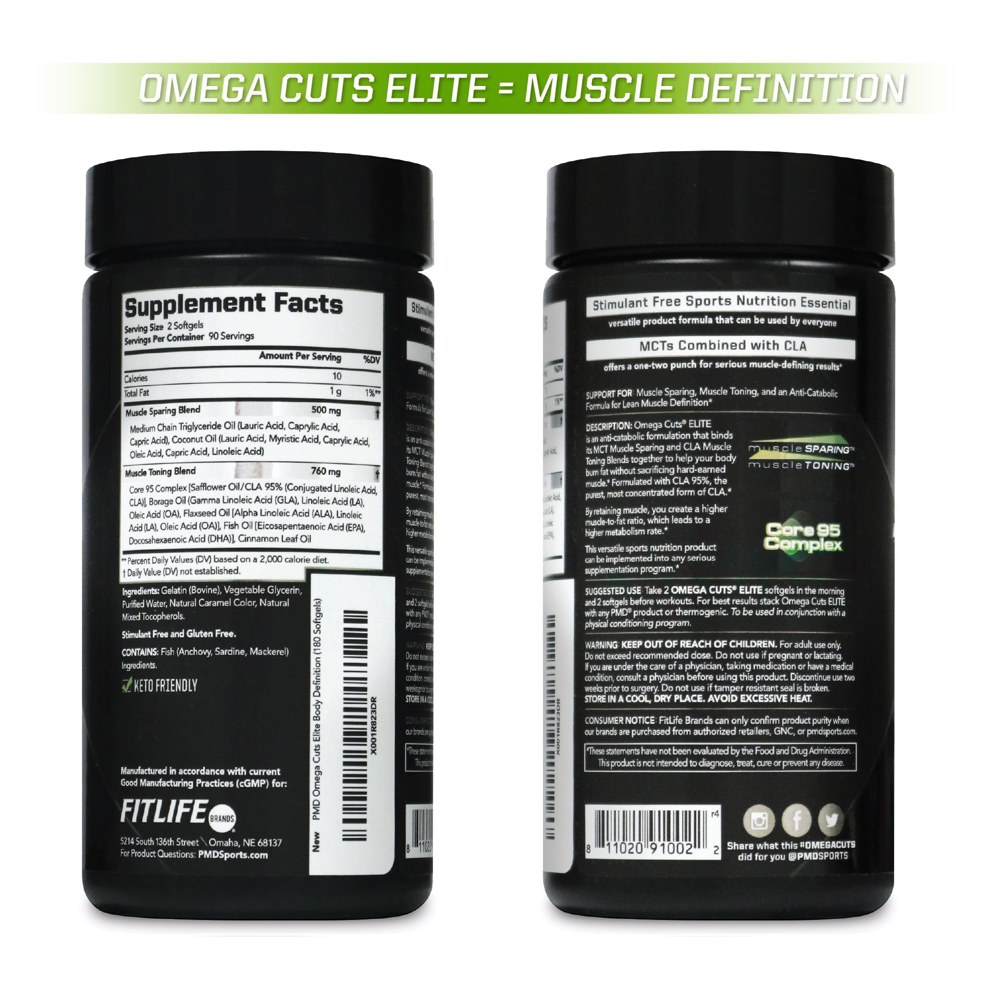 PMD Omega Cuts Elite stimulant-free label underscoring calm energy