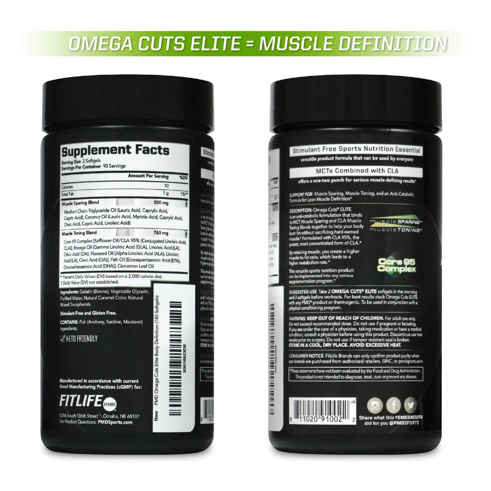 PMD Omega Cuts Elite stimulant-free label underscoring calm energy