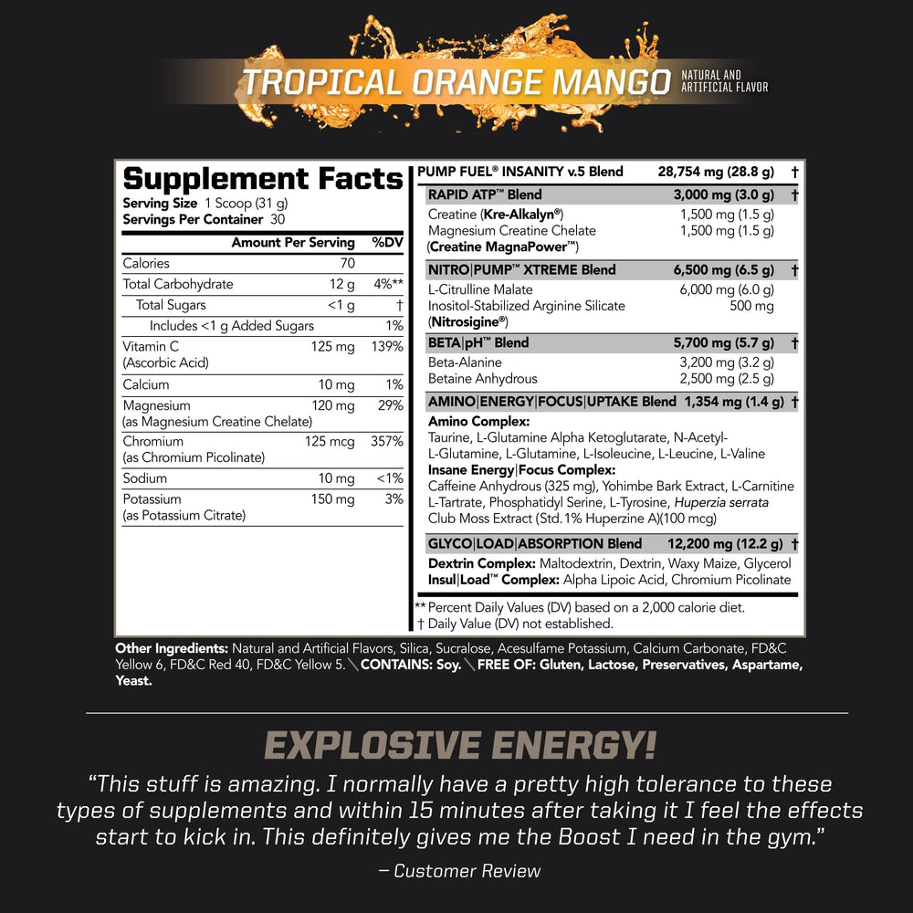PMD Sports Pump Fuel Tropical Orange Mango label delivering flavorful energy for training.