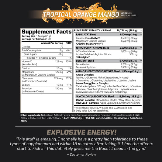 PMD Sports Pump Fuel Tropical Orange Mango label delivering flavorful energy for training.