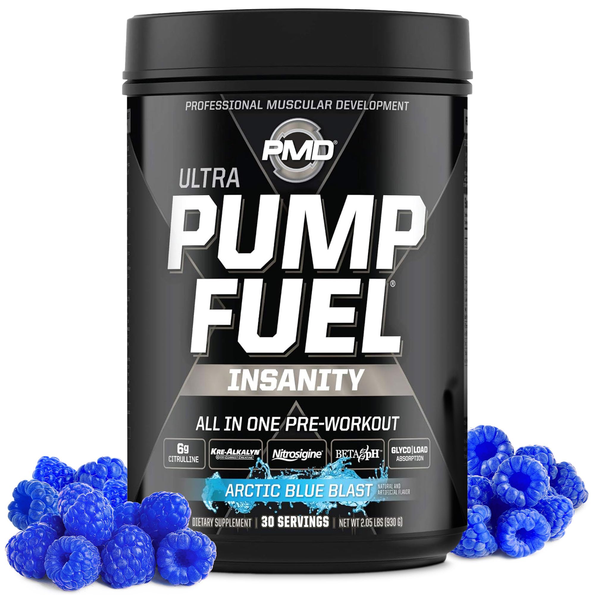 PMD Sports Pump Fuel Ultra Insanity Arctic Blue Bottle for energizing pre-workout nutrition
