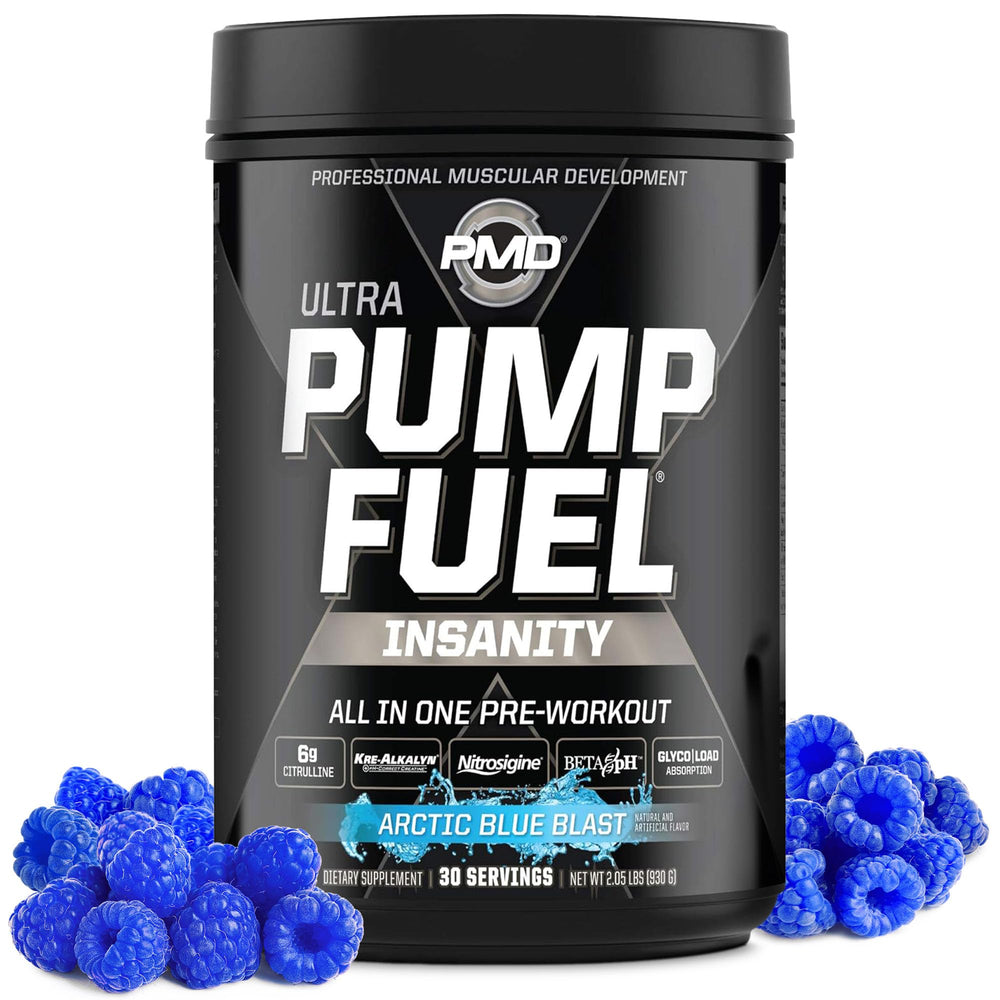 PMD Sports Pump Fuel Ultra Insanity Arctic Blue Bottle for energizing pre-workout nutrition