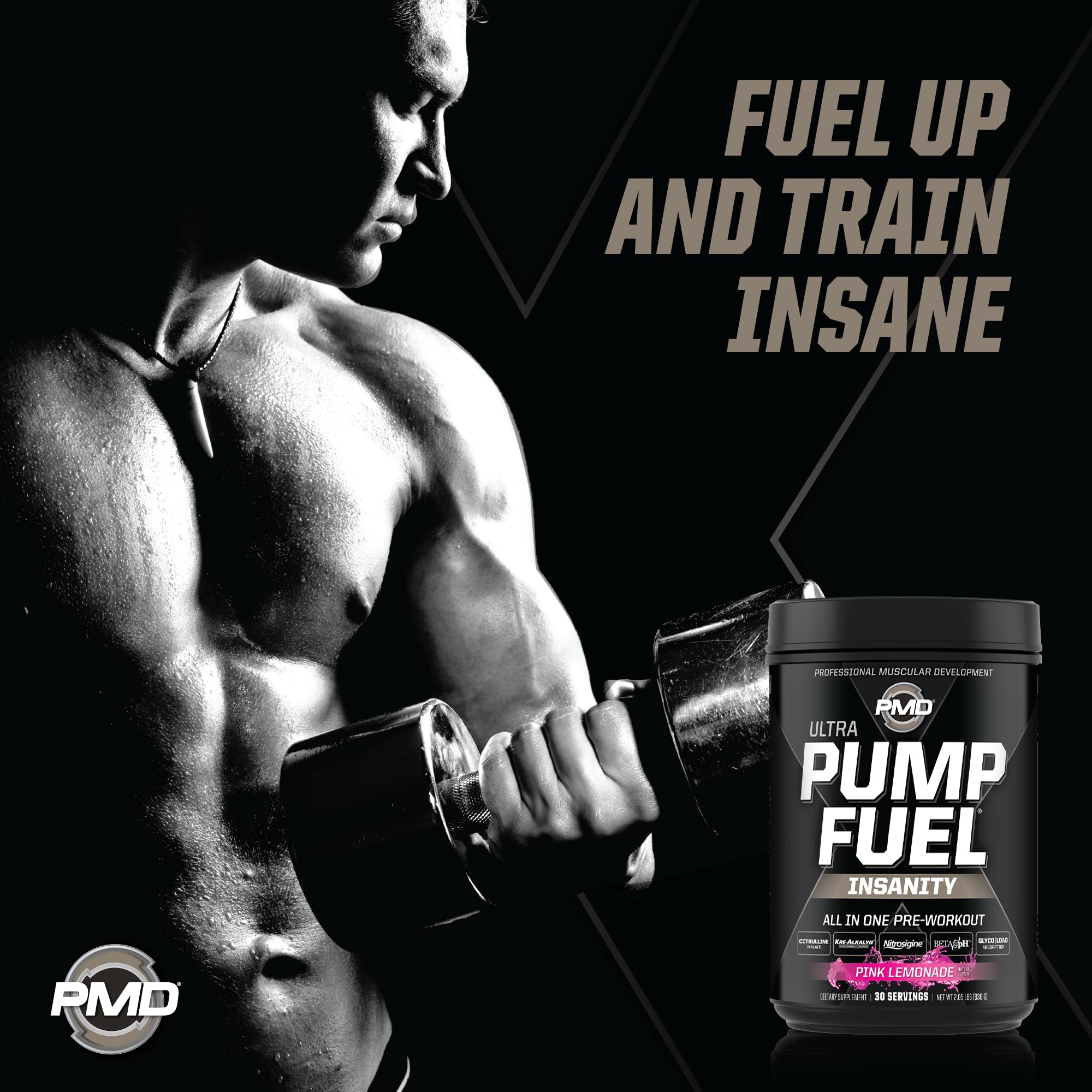 PMD pink lemonade tub label reveals creatine and beta alanine details.