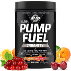 PMD Sports Pump Fuel Ultra Insanity tub shows premium formula for focused energy during training