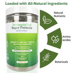 PMT Medical ImmunoGut Super Formula powder in glass—easy to mix into beverages.