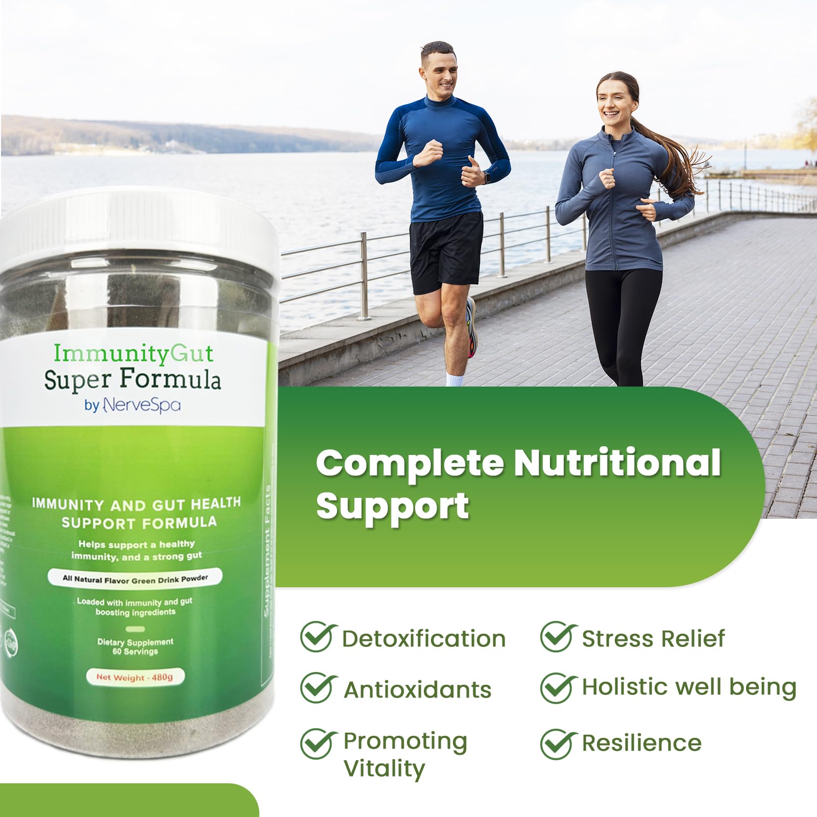 PMT Medical ImmunoGut Super Formula tub stand—shows 480g container and 60 servings.