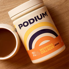 Podium Morning Collagen Mocha glass of water ready to mix