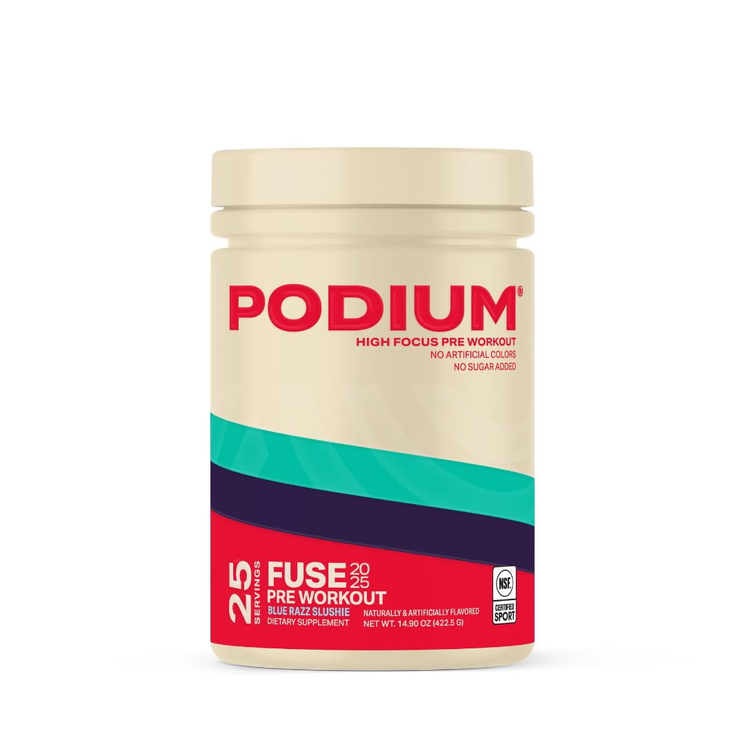 Podium Nutrition Fuse 2025 blue razz slushie powder for smooth energy and focus