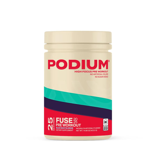 Podium Nutrition Fuse 2025 blue razz slushie powder for smooth energy and focus