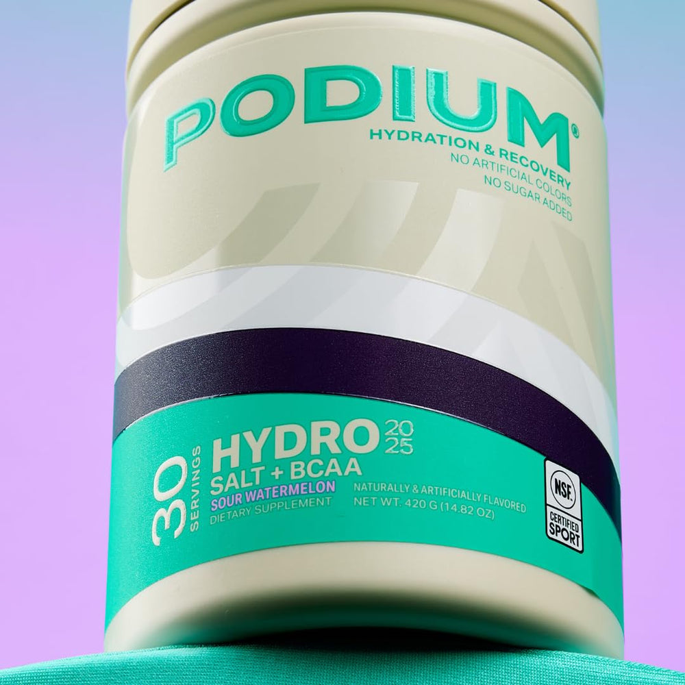 Podium Nutrition Hydro+Salt label emphasizes NSF Certified for Sport safety.
