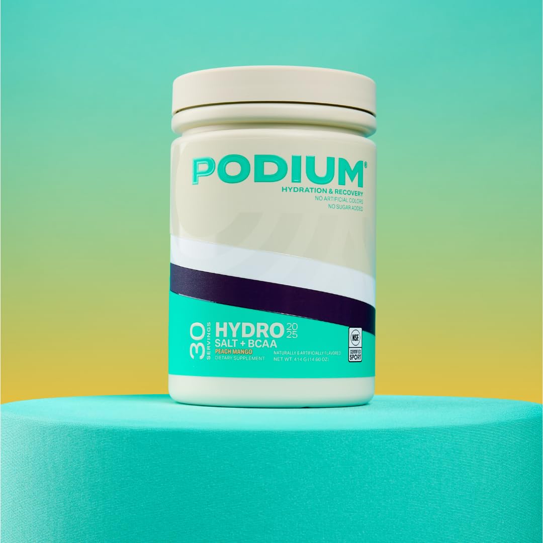 Podium Nutrition Peach Mango Hydro+Salt drink ready for hydration and recovery.