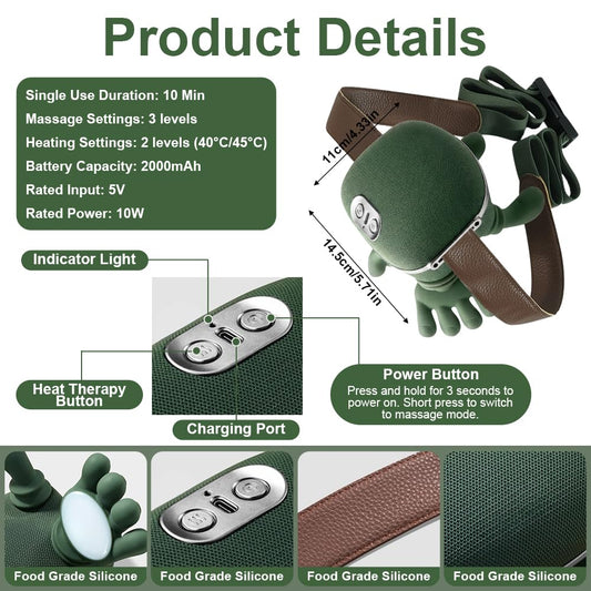 PolaZIA neck massager heat side view worn on shoulders for hands-free use.