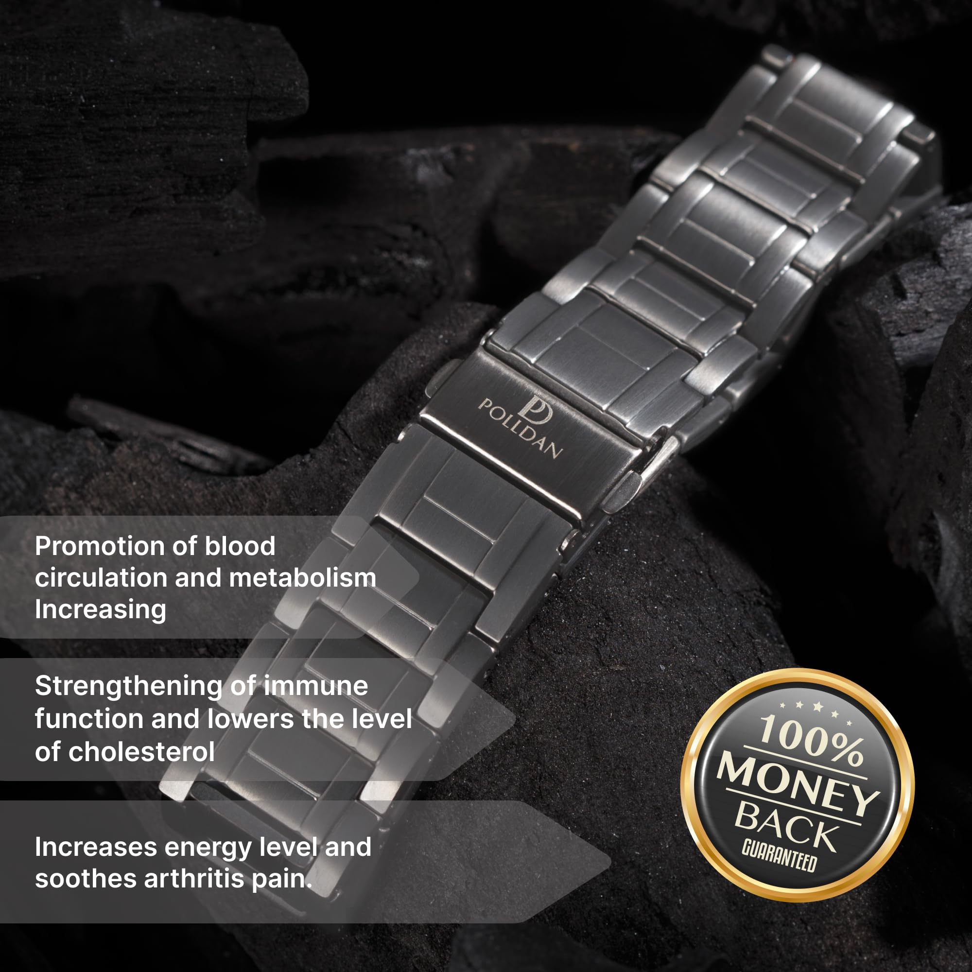 POLLDAN bracelet fold-over clasp shown for secure, easy on/off.